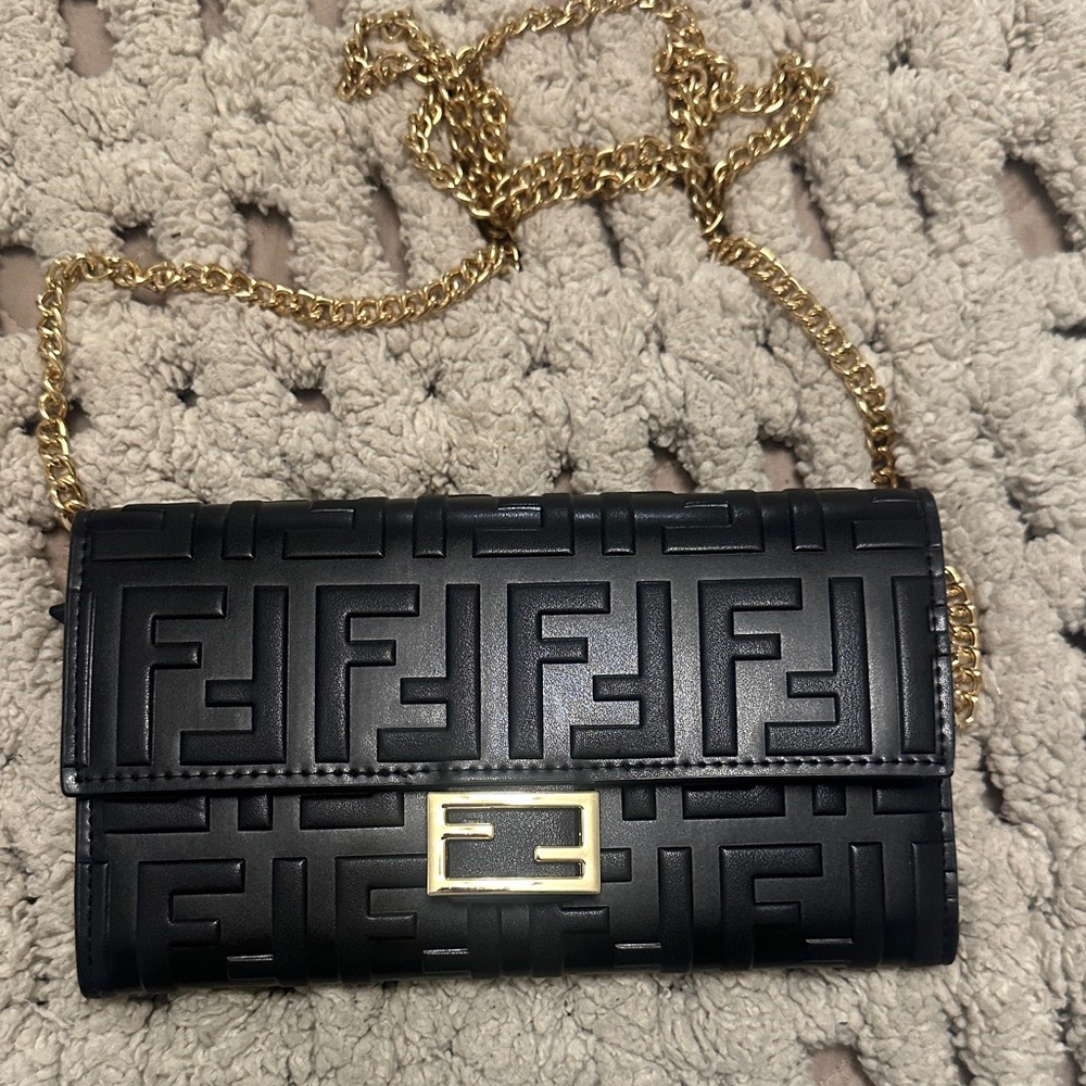 & Other Stories Black Embossed Clutch with Gold Chain